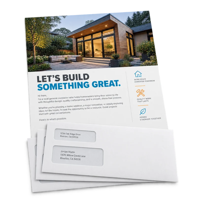 Construction full-color letter and number ten double-window envelope sample